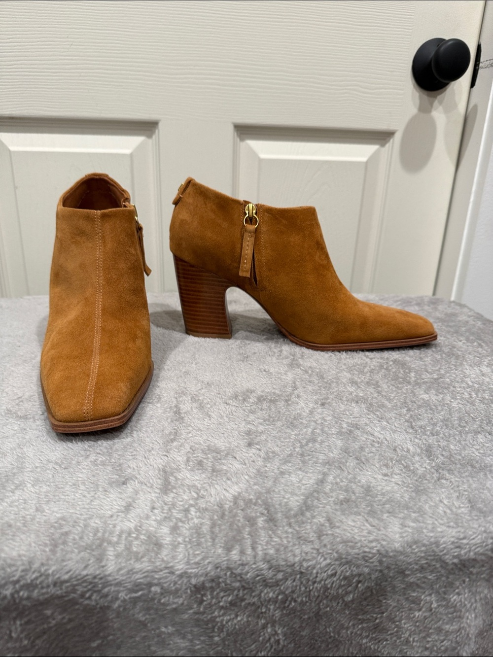 SARTO By Franco Sarto Tan Suede Ankle Booties with Block Heel